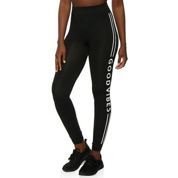 High Waist Black Good Vibes Stretchy Leggings Med Large - Picture 1 of 8